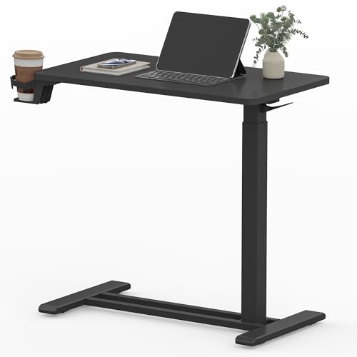 SANODESK 28''Pneumatic Adjustable Overbed Bedside Table with Hidden Casters | Medical Mobile Side End Table Laptop Computer Standing Desk Cart with Tray, Hospital and Home Use(27.6" W x 15.7" D,Black) - color: Black, size: Small