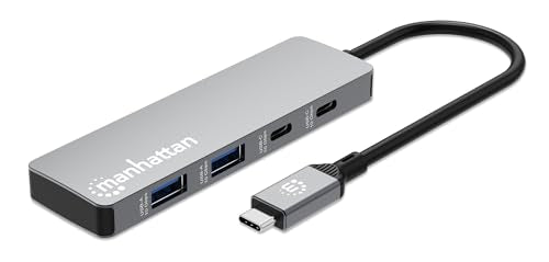 Manhattan USB-C Hub for Keyboards, Mouse, and USB Flash Drives, 4 Ports, 2 USB-A & 2 USB-C, Space Gray, Plug and Play, 10 Gbps, Aluminum