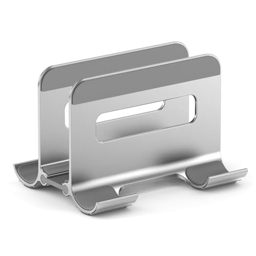 Aluminum Vertical Laptop Stand for Desk, Auto-Locking Adjustable Dock Holder with Dual Slots for Tablet & Phone, Space-Saving Upright Organizer Fits MacBook Pro/Air, Dell, HP, Chromebook (Silver)
