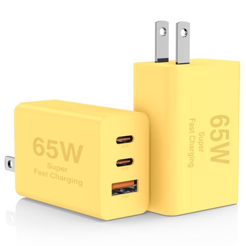 2Pack 65W USB C Wall Charger Block, 3-Port USB C Charging Adapter 100W Type C Super Fast Charging Power Plug Cube for MacBook Pro/Air,i-Pad Pro,i-Phone 17/16/15, Galaxy S25,and More - color: Yellow+Yellow