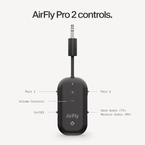 AirFly Pro 2 – Bluetooth Adapter for Airplane, Pair 2 AirPods or Wireless Headphones – 3.5mm AUX Bluetooth Transmitter and Receiver for Cars, Boats, Treadmills, TVs– Airplane Travel Essentials, Black - color: Black, style: AirFly Pro 2