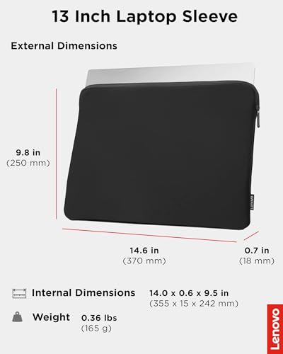 Lenovo Basic Laptop Sleeve 13 Inch Notebook/Tablet Compatible with MacBook Air/Pro Neoprene Material - Soft Fleece Lining - Zippered Top Opening - Black - size: 13 inch