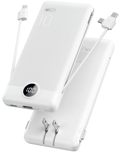VRURC Portable Charger, Power Bank Built-in Cables and AC Wall Plug | USB C Power Bank 10000mAh Travel Essentials Phone Charger Compact External Battery Pack For Smart Phones, Tablets etc-White - color: White