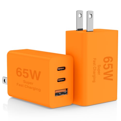 Hzevn 2Pack 65W USB C Wall Charger Block, 3-Port 100W USB C Charging Adapter,65W Type C Super Fast Charging Power Plug Cube for MacBook Pro/Air,i-Pad Pro,i-Phone 17/16/15, Galaxy S25,and More - color: Orange+Orange