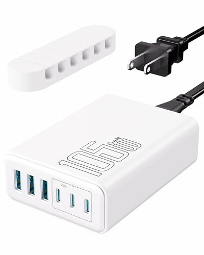 105W USB C Charger Block, 6-Port USB C Charging Station GaN III PD 20W Laptop Fast Charger Adapter for iPad Pro/Air/Mini, iPhone 17/16/15/14/13/12/11, Samsung and More (Cable Organizer Included) - color: White, size: 105W