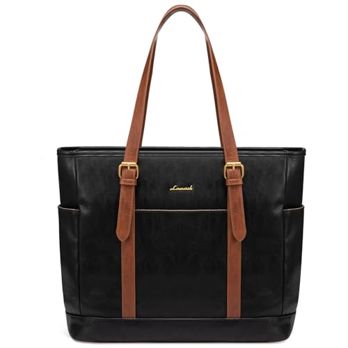 LOVEVOOK Laptop Tote Bag for Women,Leather Work Computer Briefcase Bag | Large Cup Holder,15.6 Inch Work Tote,Professional Briefcase,Teacher Commuter Shoulder Bag,Office,Travel,Gift - color: Black With Brown, size: 15.6 Inch