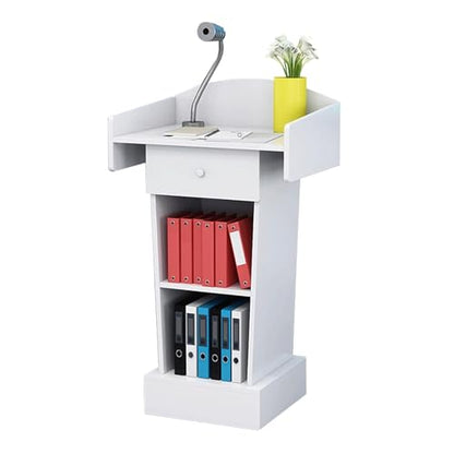 Floor Standing Metal Podium,Lecture Pulpit,Lectern Podium Stand, Podium Stand Simple Lecterns Density Board Laptop Desk Podium Stand with Open Storage Podiums Spacious Dr - color: White