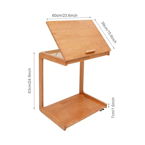 Wooden C-Shaped End Table,Couch Table with Adjustable Tilt Top,Small Rolling Side Table w/Lockable Wheels, Side Table for Couch, Bedroom