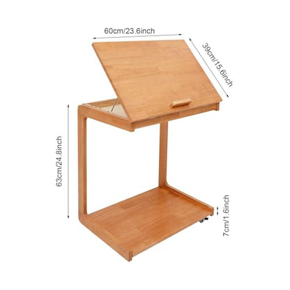 Wooden C-Shaped End Table,Couch Table with Adjustable Tilt Top,Small Rolling Side Table w/Lockable Wheels, Side Table for Couch, Bedroom