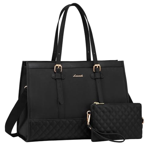 LOVEVOOK Laptop Bag for Women, 17.3 Inch Computer Tote Bags Purse for Work | Canvas, with Long Shoulder Strap&Clutch Purse, Handbag, Casual Stylish Tote Bag for Work Office Travel College Teacher School - color: Black, size: 17 inch