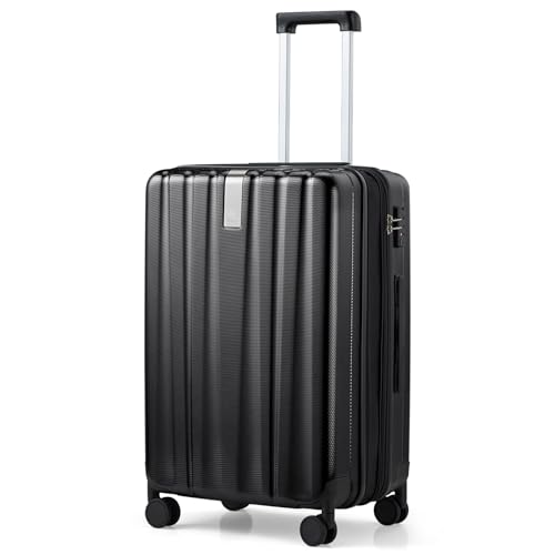 Hanke 24 Inch Expandable Checked Luggage Lightweight PC Hard Shell luggage Suitcases with Wheels Travel Luggage Rolling Large Suitcase Travel Luggage Bag for Go To University.(Jet Black) - color: Jet Black, size: Expandable 24 Inch