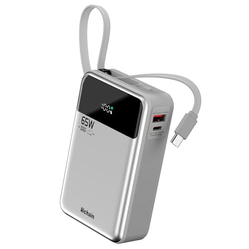 Hichain Laptop Power Bank 65W 20000mAh Portable Charger Silver | with Built-in USB-C Cable 3-Port Fast Charging Battery Pack for MacBook iPhone Series Android Switch Travel Essential - color: Silver