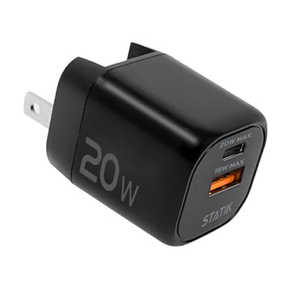 STATIK Fast-Charging GaN Power Adapter - 20W Dual USB C & USB - Foldable Compact Charger for iPhone, iPad, Samsung, Pixel - Smart Overheat Protection - Cable Not Included - size: 20W
