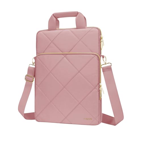 MOSISO Vertical Laptop Bag, Computer Bags | Rhombus Quilted Laptop Shoulder Bag with Trolley Sleeve&Pocket&Handle - color: Pink, size: 16 inch