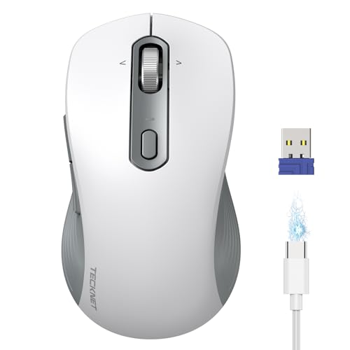 TECKNET Rechargeable Bluetooth Mouse, [ USB + BT5.0 + BT3.0 ] Wireless Mouse, Ergonomic 4-Way Scroll Wheel Computer Mice, 6-Level 4800 DPI Silent Mice, Multi-Device for Computer/Laptop/MacBook (White) - color: White