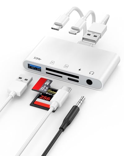 5-in-1 Memory Card Reader with OTG Adapter for iPhone 17 16 15 14 13 12 | OTG & SD Card Reader, Type C/Lightning/USB A Devices with TF/SD Card/OTG/3.5mm Headphone/Type C Charging Slots, Plug and Play - size: 4-in-1