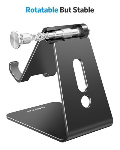 OMOTON C2 Adjustable Aluminum Cell Phone Stand with Charging Cutout, Black | Sturdy 3mm Aluminum, Charging Port, 270° Adjustable, Non-Slip Silicone Pads, Works with Thick Cases, for All Smartphones - color: Black