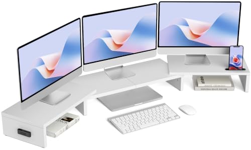BONTEC Triple Monitor Stand Riser with Smartphone Holder, Adjustable Length & Swivel Angle, Ergonomic Wooden Desktop Organizer for PC Monitor, Laptop, Printer, Large Storage, 53.3 in, White - color: White, size: 53.3 in