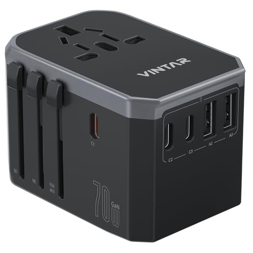 Universal Travel Adapter, VINTAR 70W GaN International Power Adapter with 5 USB Ports (3 USB-C), Worldwide Travel Plug Adaptor, All in One Travel Essentials Outlet Converter for UK/EU/USA/AUS, Black - color: 70W Black