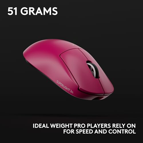Logitech Pro X Superlight 2c Wireless Gaming Mouse 51g Compact - Magenta | 51g compact mini size, symmetrical shape, <8 kHz polling, 44K DPI, PowerPlay charging, USB-C, for PC/Mac - color: Magenta, size: Compact, style: Mouse