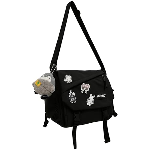 Aesthetic Crossbody Bag with Cute Pins and Ornament, Nylon Shoulder Messenger Bag Japanese Kawaii Bag for Women Men - color: Penguin_black_standard