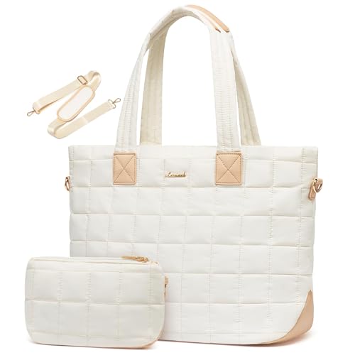 LOVEVOOK Laptop Tote Bag for Women, 17 Inch Large Puffer Work Computer Tote Bags for Teacher Nurse, Quilted Women's Purse Tote Shoulder Handbags with Zipper for Travel College Office Gym, Beige - color: Beige, size: 17 Inch