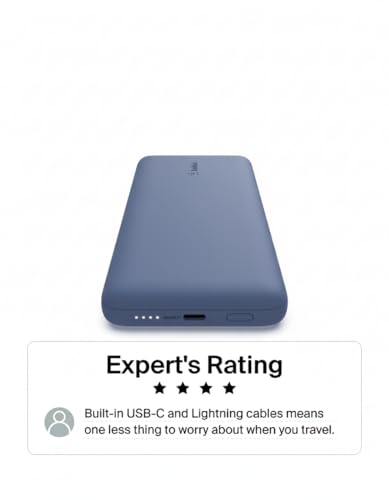 Belkin Portable Charger Power Bank for iPhone/Android (10,000mAh), 23W Battery Pack with Integrated USB-C, Lightning Cables, Pass-Through Capability, Charge 2 Devices at Once, Phone Charger Power Bank - color: Blue