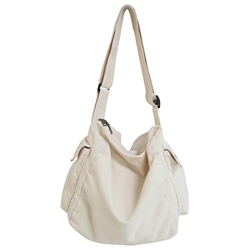 KlaOYer Canvas Messenger Bag Large Hobo Bag Crossbody Shoulder Bag Tote Bag with Pocket for Women and Men - color: White 2