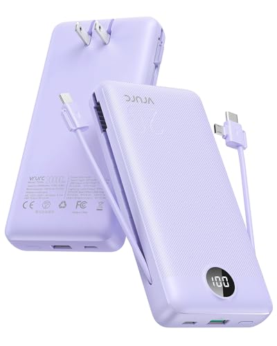 VRURC Portable Charger 20000mAh, Fast Charging Power Bank USB C,4 Output 2 Input Travel Essentials Charging Bank Equipped with LED Display,Built-in Wall Plug and Cables,Phone Charger Battery,Purple - color: Purple