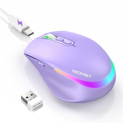 TECKNET Wireless Mouse Jiggler, Rechargeable Mouse with Built-in Mouse Mover, 6 Adjustable DPI & 14 LED Modes, Silent Click, Undetectable Random Movement Keeps Computer Awake for Laptop/PC/Mac- Purple - color: Purple