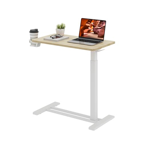 28'' Medical Overbed Bedside Table with Wheels,Rolling Table | 28''x16'' White Wood Grain Pneumatic Tilting Desktop,Overbed Table with Hidden Casters for Hospital Use - color: White Wood Grain, size: Small