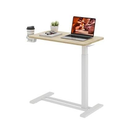 28'' Medical Overbed Bedside Table with Wheels,Rolling Table | 28''x16'' White Wood Grain Pneumatic Tilting Desktop,Overbed Table with Hidden Casters for Hospital Use - color: White Wood Grain, size: Small