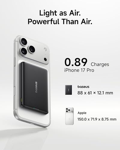 Baseus Picogo Power Bank, Smallest 5,000mAh Magnetic Wireless Charger with USB-C Braided Cable, Fast Charging Portable Battery Pack, NTC Safety Alloy Travel Essential for iPhone 17 Pro Max/17 Air/17e - color: Cosmic Black
