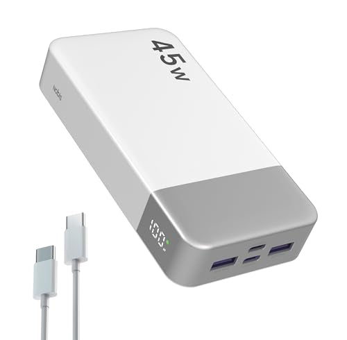 NOBIS Portable Charger 45W 20000mAh Power Bank Fast Charging | 2C+2A Battery Pack with C to C Cable, Battery Bank with Digital Display for iPhone Android Laptop etc - color: White