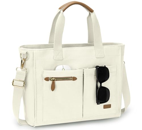 Tuwubi Canvas Tote Bag for Women, Large Tote Bag with Zipper & Compartments for Travel Work College Teacher Nurse - color: Beige