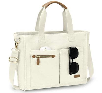 Tuwubi Canvas Tote Bag for Women, Large Tote Bag with Zipper & Compartments for Travel Work College Teacher Nurse - color: Beige