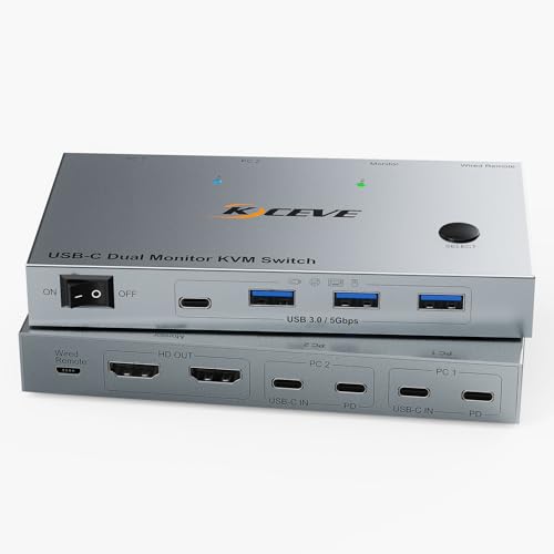 4K60Hz Dual Laptop USB C KVM Switch Dual Monitor, Share 4 USB 3.0 Devices & PD 80W Charging, Plug and Play with Wired Remote and 2 USB-C 3.1 Cables - color: Grey, size: 2 Computers 2 Monitors