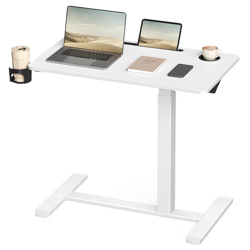 VASAGLE Overbed Table with Wheels, Mobile Standing Computer Desk, 31.5 x 17.7 Inches Tabletop, Adjustable Height, 2 Cup Holders, Phone and Tablet Slot, Cloud White ULSD601W01 - size: 31.5"W x 17.7"D
