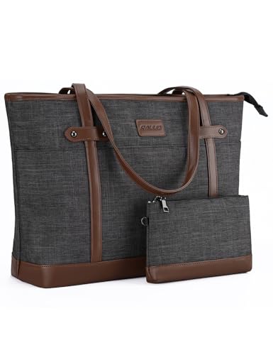RAVUO Laptop Tote Bag for Women, Water Resistant 15.6 Inch Computer Handbag Purse Teacher Bag With Portable Small Pouch - color: Dark Grey&brown