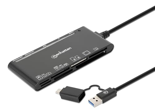 Manhattan 7 in 1 USB C & USB A Combo Multi Card Reader – Long 3 ft Cable – 5Gbps USB 3.0 - SD, TF, CF, Micro SD, XD, MS - Multiple Adapter Hub – 3 Yr Mfg Warranty – 102605 | Seven-slot flash media dock with Type-C and Type-A plugs, SuperSpeed transfers, 3