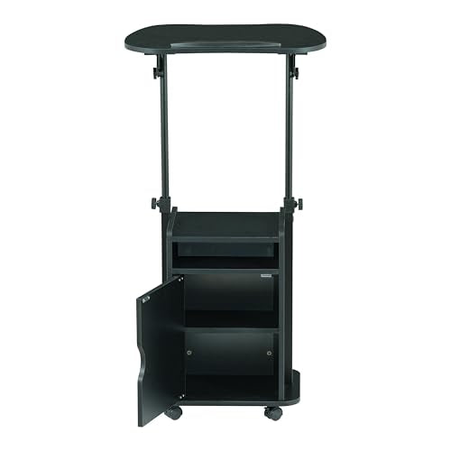 Techni Mobili Adjustable Laptop Cart w/Storage, Rolling Mobile Desk, Black | Adjustable laptop cart with storage cabinet, shelf, locking wheels, sit‑stand height for home office, bedside, classroom - color: Black