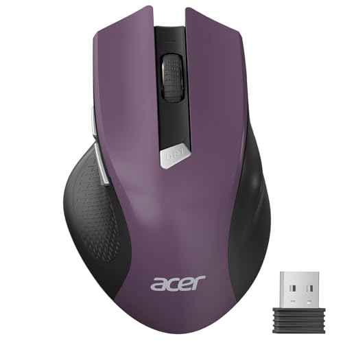 Acer Wireless Mouse for Laptop, 2.4GHz Computer Mouse 3 Adjustable 1600 DPI | Office Cordless USB Mice with USBA Receiver, 6 Buttons, Medium to Large Sized Hands Compatible with Laptop, Desktop, Purple - color: Purple