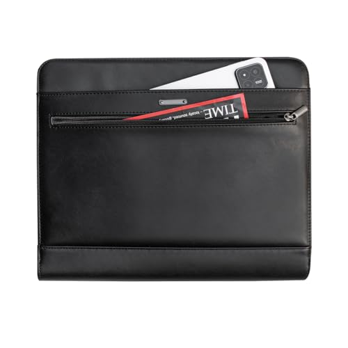 14" Laptop Briefcase, Vegan Leather Portfolio with Zipper Compartments x 2, A4 Papers Holder Padfolio Organizer - color: Black