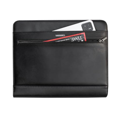 14" Laptop Briefcase, Vegan Leather Portfolio with Zipper Compartments x 2, A4 Papers Holder Padfolio Organizer - color: Black