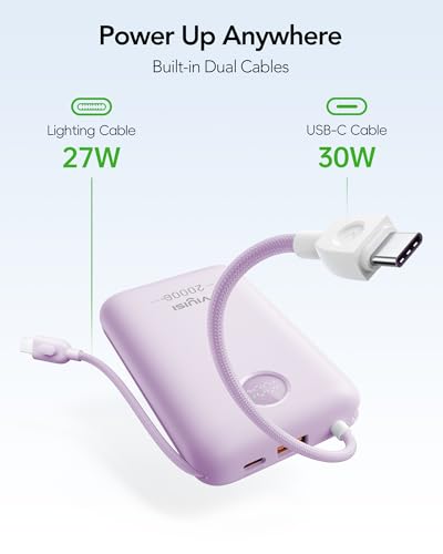 VIYISI Portable Charger 20000mAh 30W Fast Charging, Power Bank with Built-in Cables & LED Display, USB C Battery Pack for iPhone 17/16/15/14, Samsung, iPad and Android Phones, Travel - Purple - color: Purple