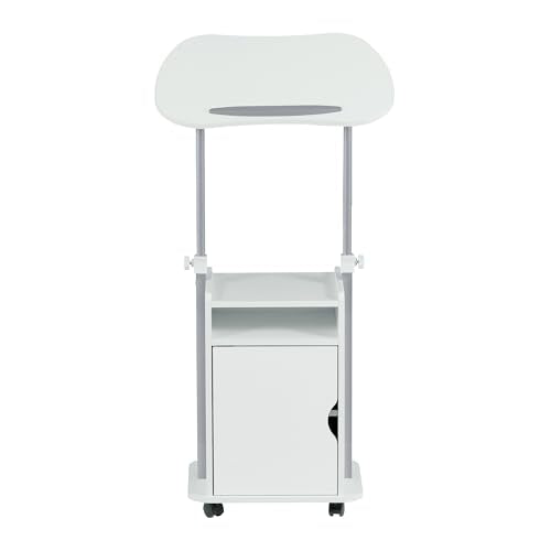 Techni Mobili Adjustable Laptop Cart w/Storage, Rolling Mobile Desk, White | Adjustable laptop cart with storage cabinet, shelf, locking wheels, sit‑stand height for home office, bedside, classroom - color: White