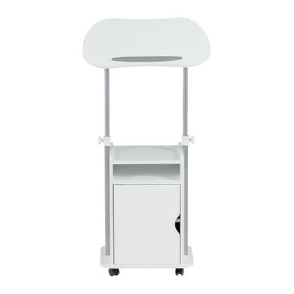 Techni Mobili Adjustable Laptop Cart w/Storage, Rolling Mobile Desk, White | Adjustable laptop cart with storage cabinet, shelf, locking wheels, sit‑stand height for home office, bedside, classroom - color: White