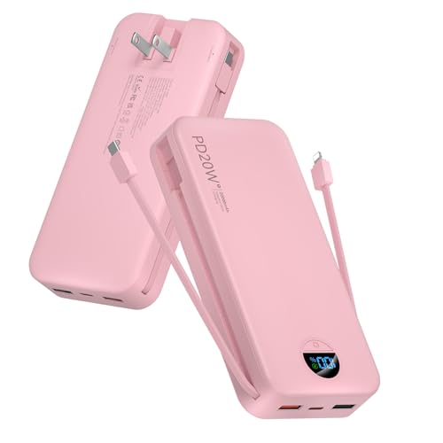 citicr Portable Charger 20000mAh PD20W w/Built-in Cables & Wall Plug Pink | High capacity, Fast charging, Built-in wall plug, LED display, Charge 5 devices at once, Pass through charging, TSA approved - color: Pink-20000mah