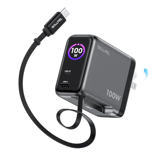 100W GaN USB C Retractable Charger with Smart Display, Compact 3-Port Fast Charging Wall Adapter with Foldable Plug, for MacBook Pro/Air, iPhone 17/16, Galaxy S26, iPad