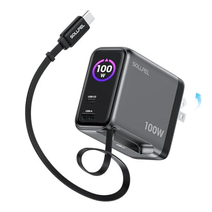 100W GaN USB C Retractable Charger with Smart Display, Compact 3-Port Fast Charging Wall Adapter with Foldable Plug, for MacBook Pro/Air, iPhone 17/16, Galaxy S26, iPad